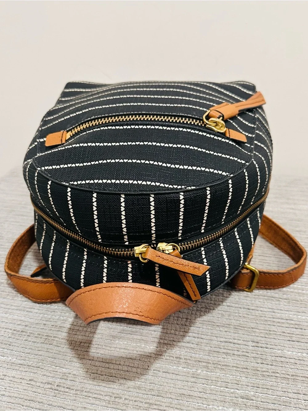 Fossil Megan Mini Backpack Black Striped Canvas Tan Leather Trim